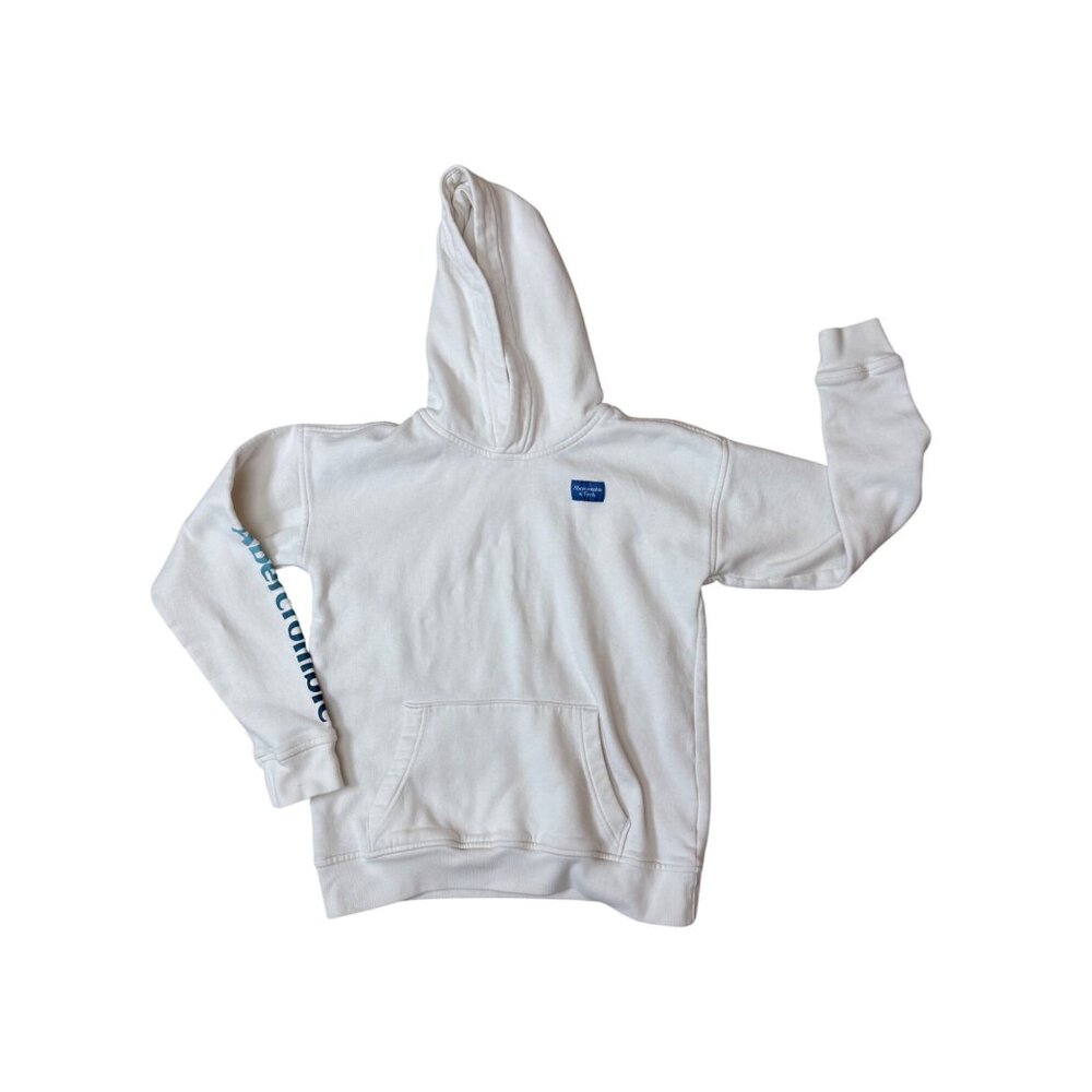 Abercrombie Youth White Hoodie Relaxed Fit 13/14 Blue Logo Spellout Beachy Cabin